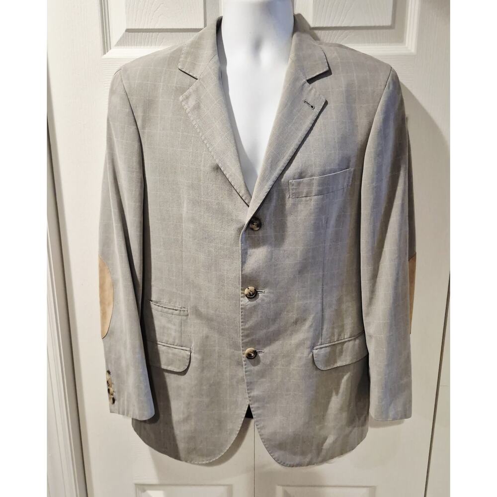 Brunello Cucinelli Blazer Mens 50 Gray Windowpane Coat Elbow Patch Italy Cotton
